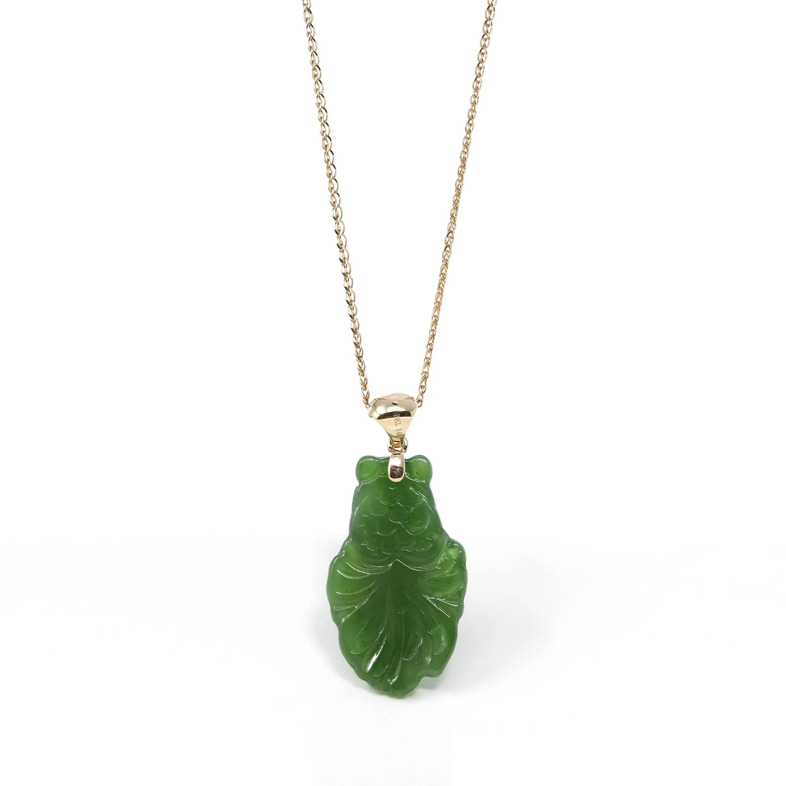 Baikalla™ : " Gold Fish " 14k Yellow Gold Genuine Nephrite Green Jade Pendant Necklace