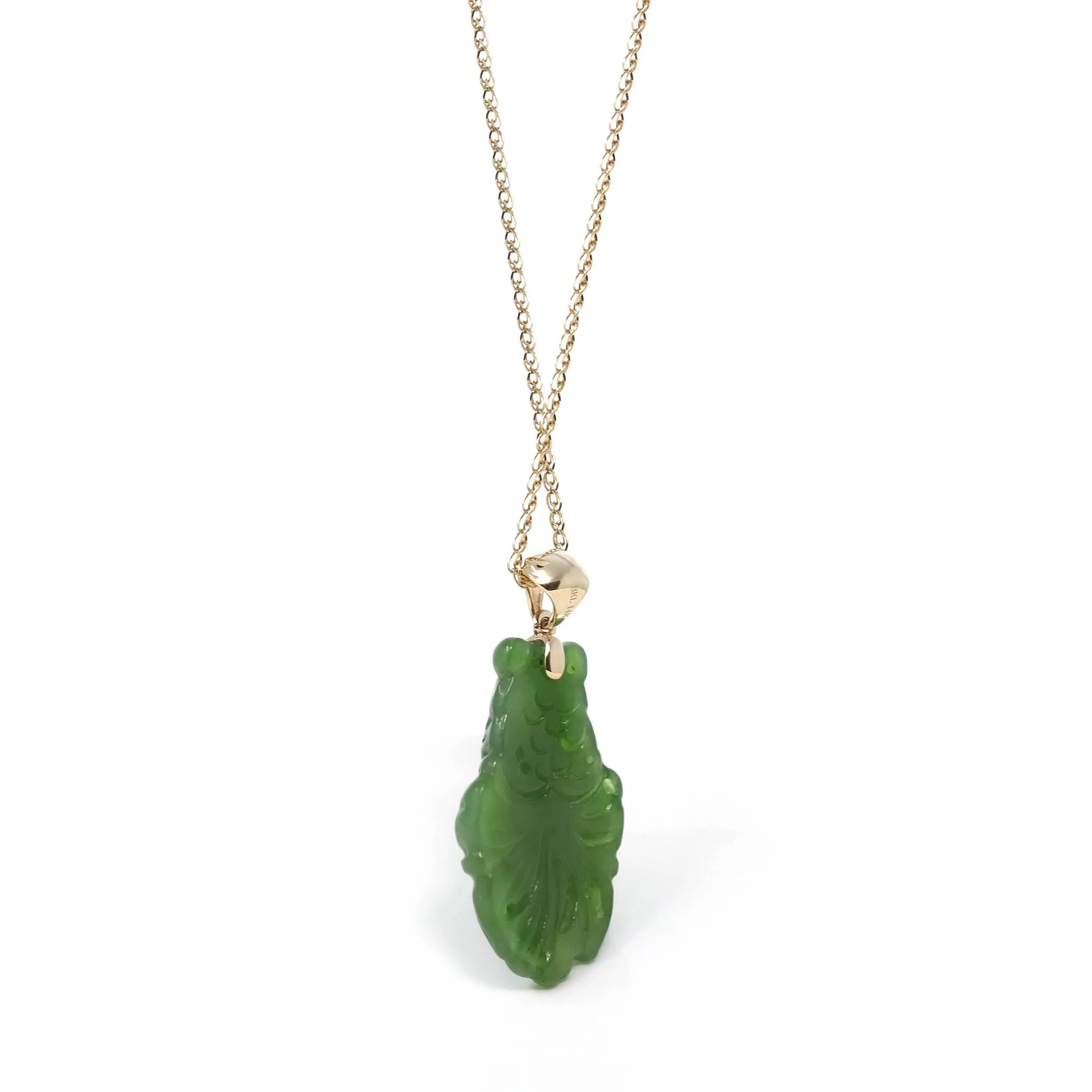 Baikalla™ : " Gold Fish " 14k Yellow Gold Genuine Nephrite Green Jade Pendant Necklace