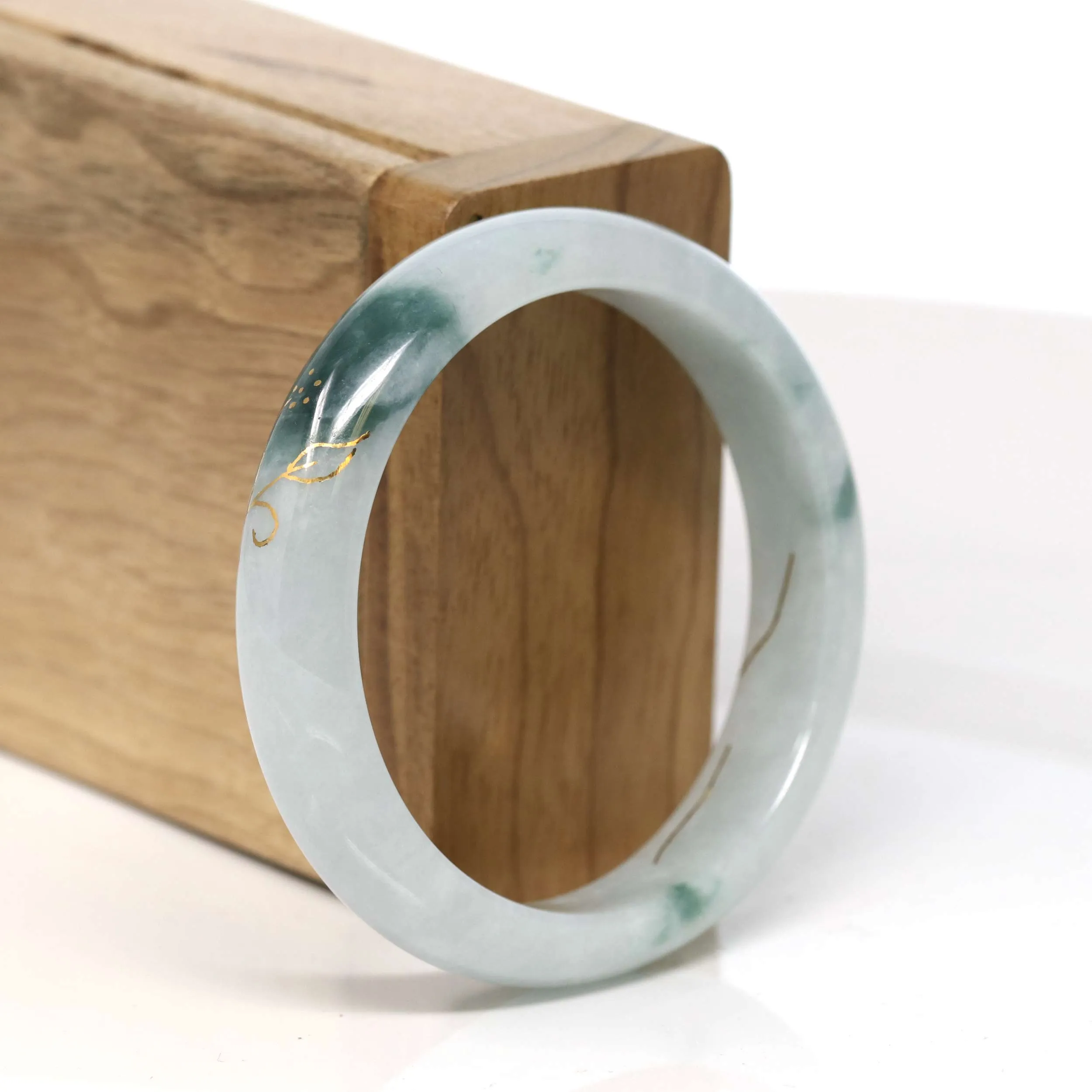 Baikalla "Half Round" 18k Inlay Blue Green Jadeite Jade Bangle Bracelet (53.32 mm) #T361