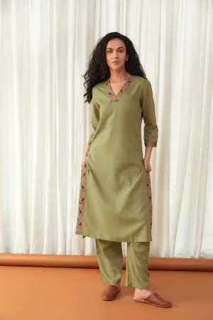 Bay Leaf Green Linen Kurta with Farshi Pants