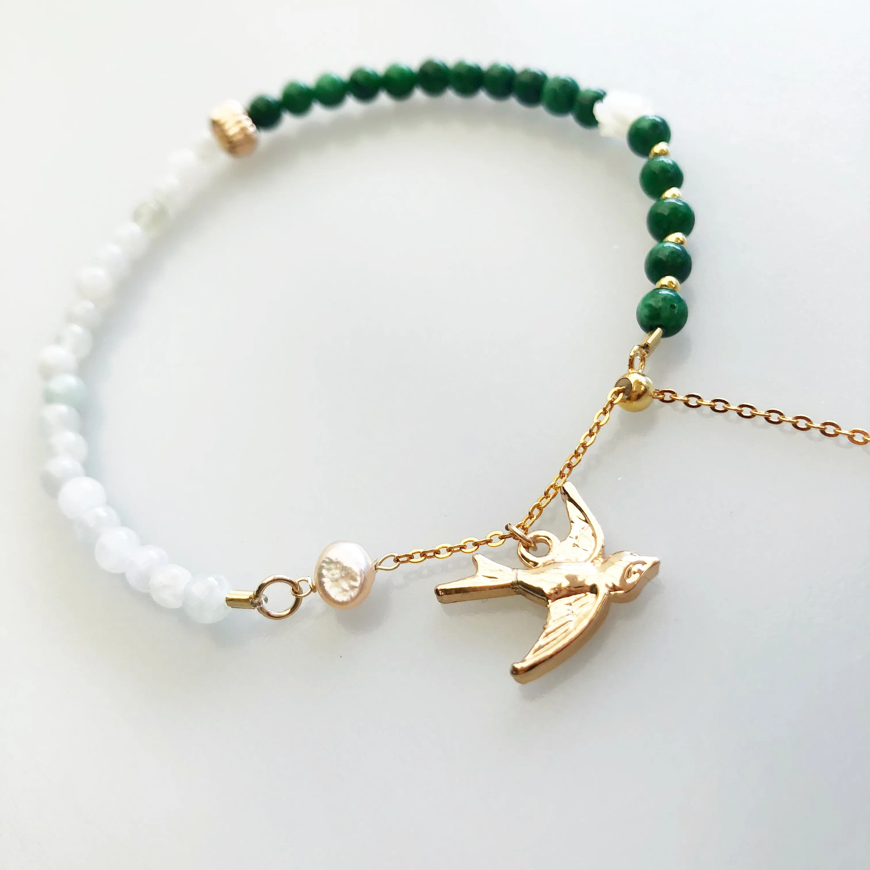 Beaded Bird and Flower Jadeite Bracelet