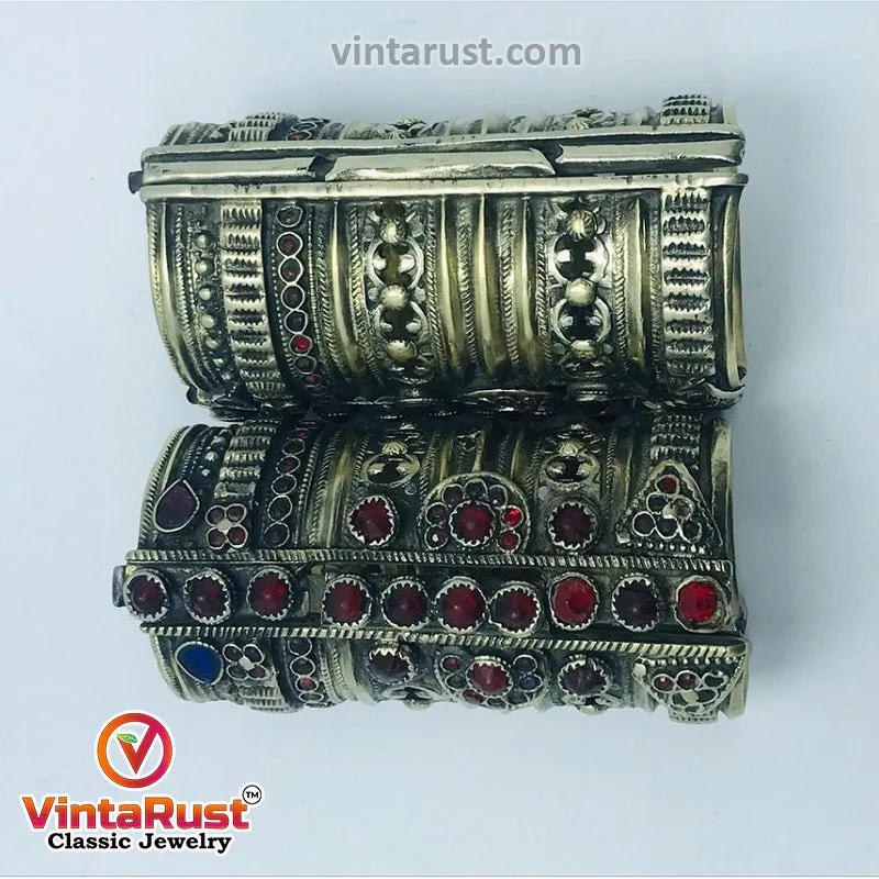 Big Massive Antique Cuff Bracelet With Glass Stones