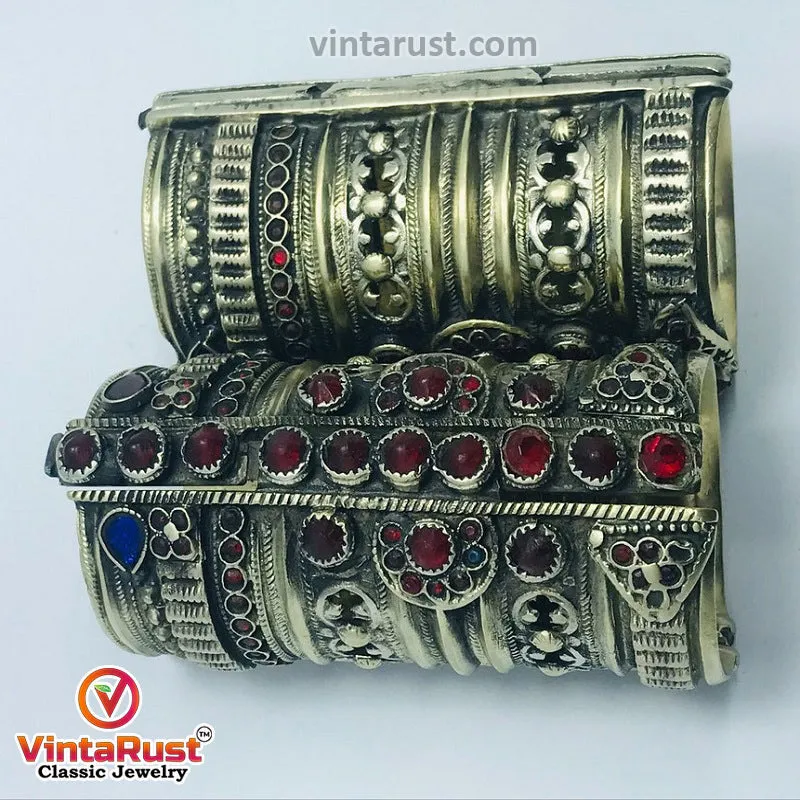 Big Massive Antique Cuff Bracelet With Glass Stones