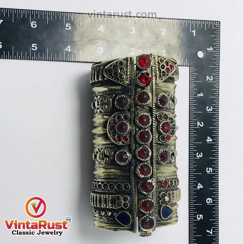 Big Massive Antique Cuff Bracelet With Glass Stones