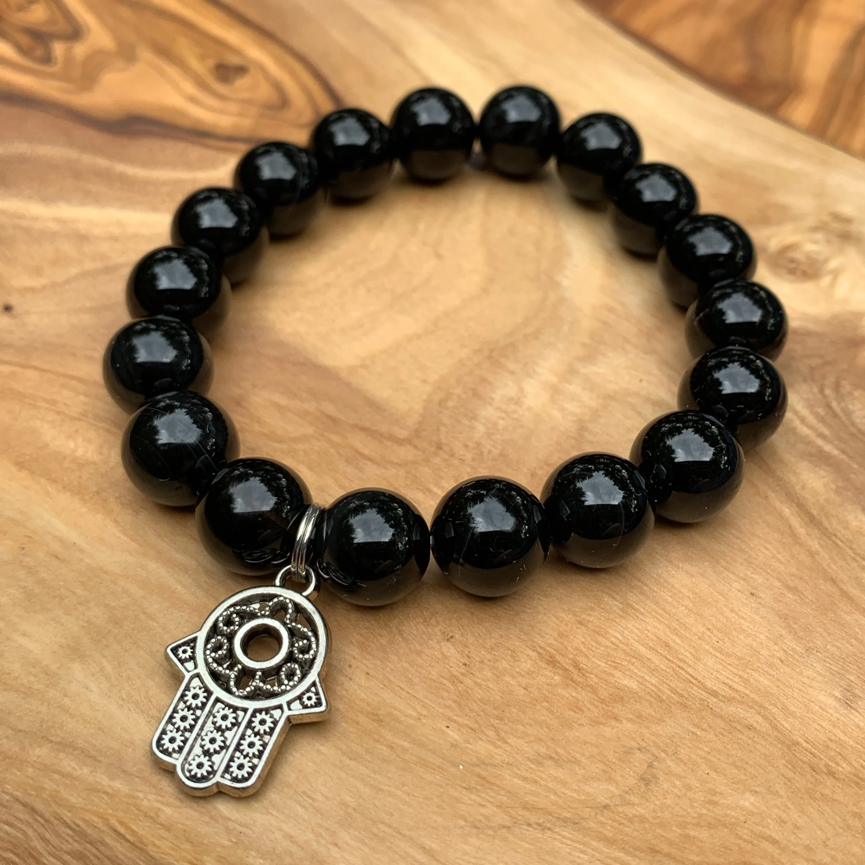 Black Agate Bracelet with Hamsa Charm