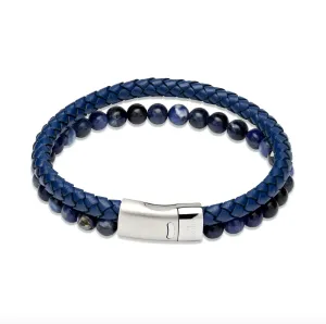 Blue leather and bead bracelet