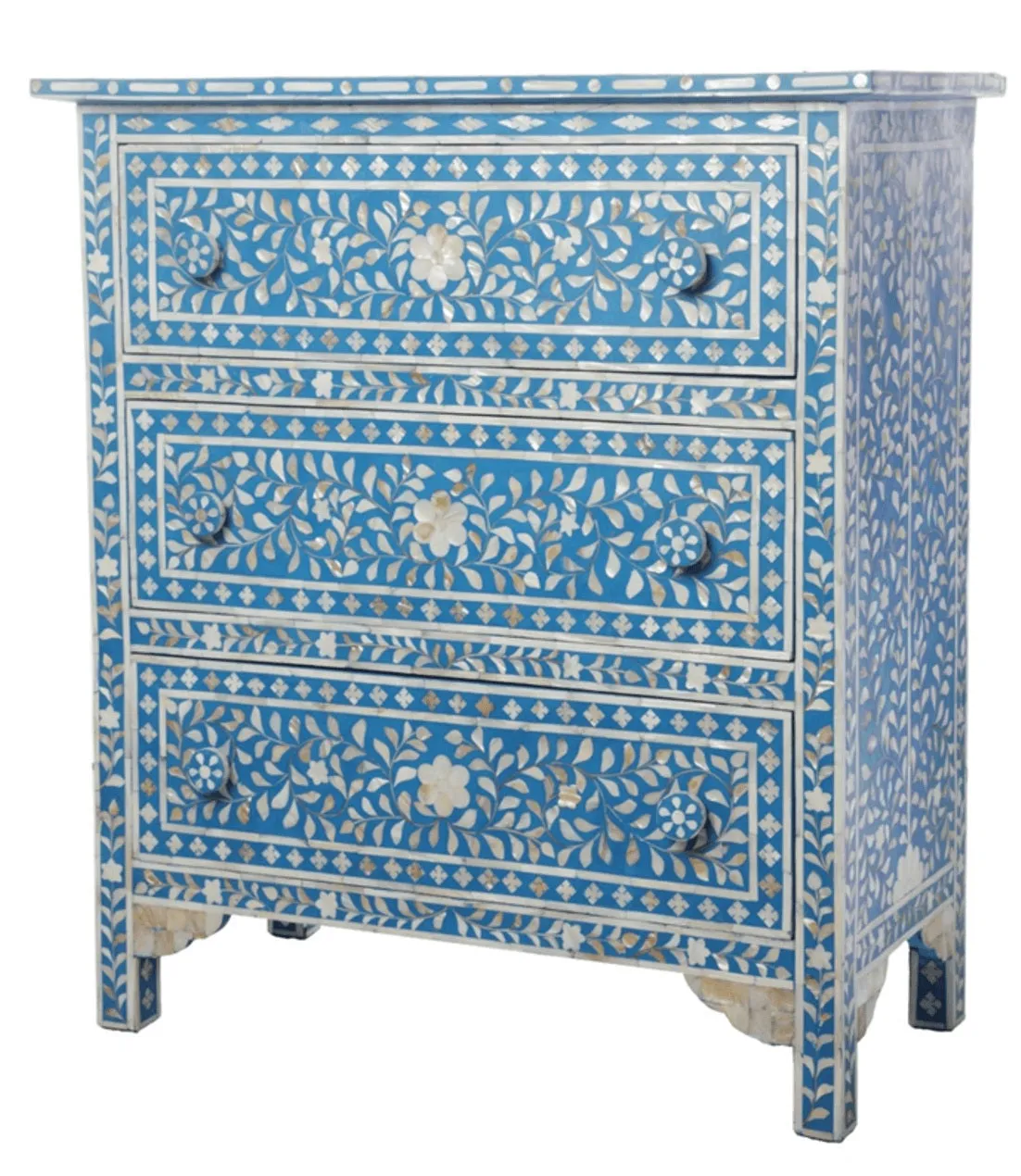 Blue Mother Of Pearl Inlay 3 Drawer Chest Floral