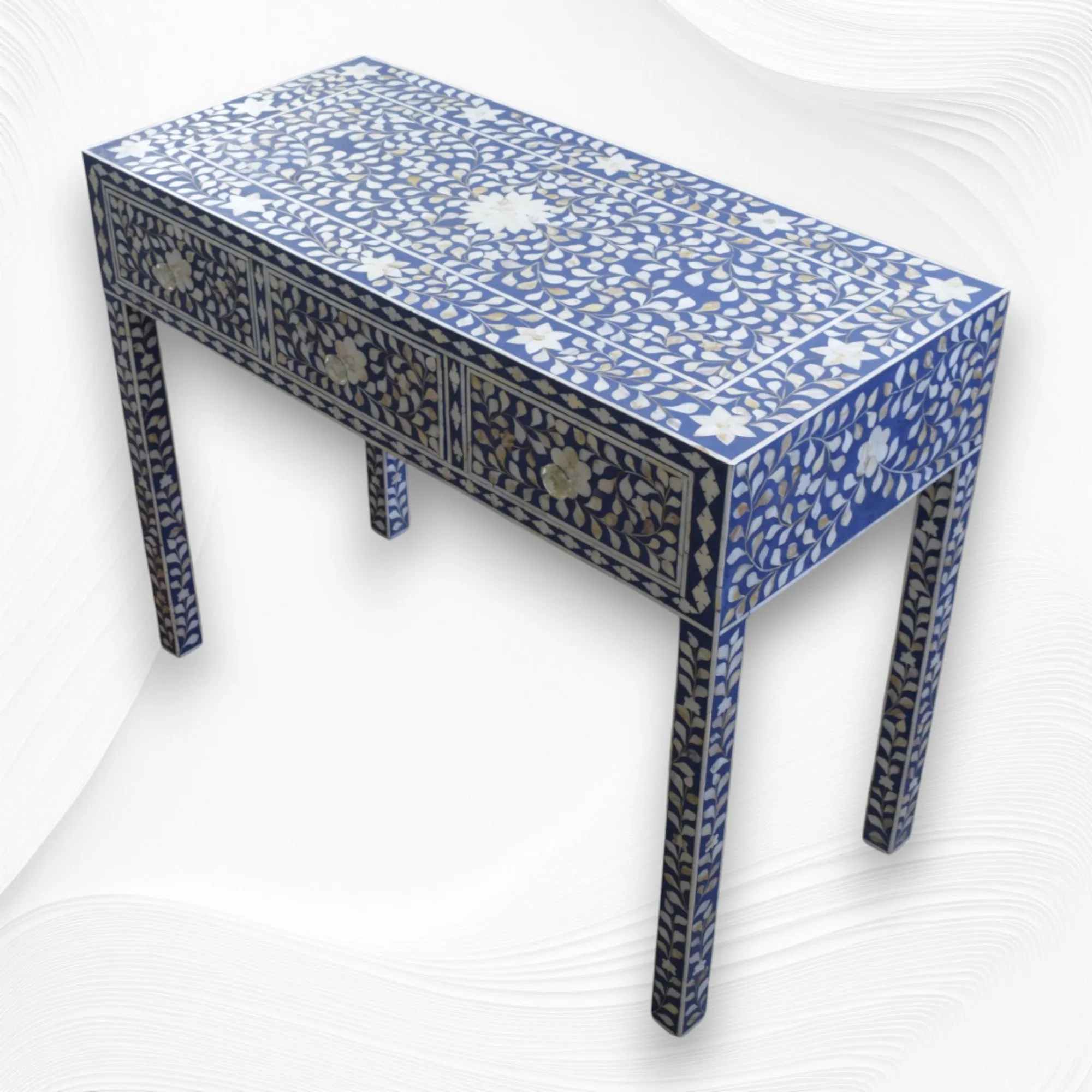 Blue Mother Of Pearl Inlay Floral 3 Drawer Console Table