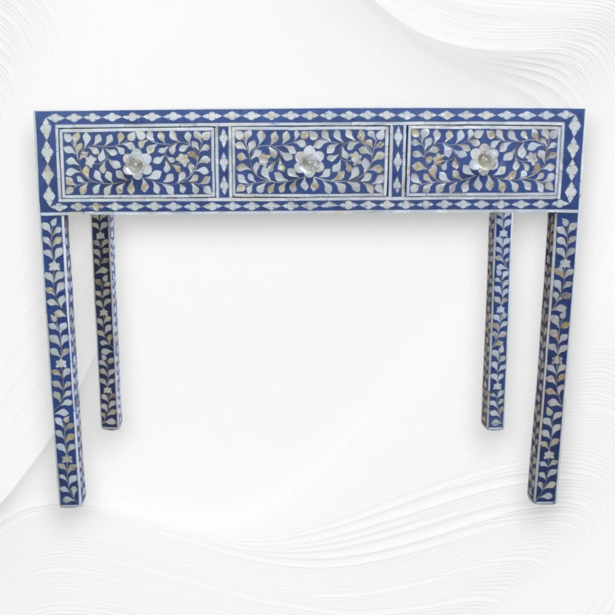 Blue Mother Of Pearl Inlay Floral 3 Drawer Console Table