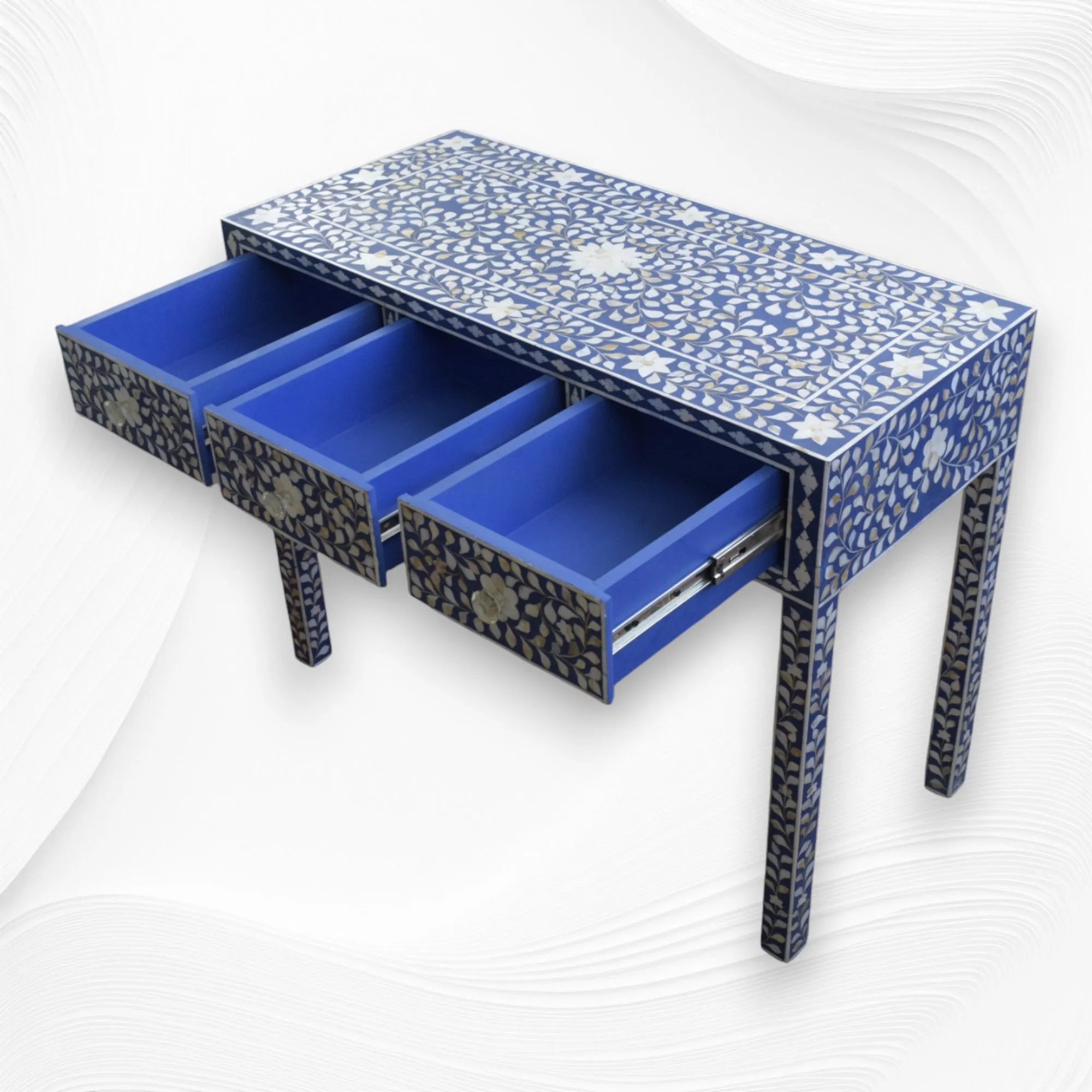 Blue Mother Of Pearl Inlay Floral 3 Drawer Console Table