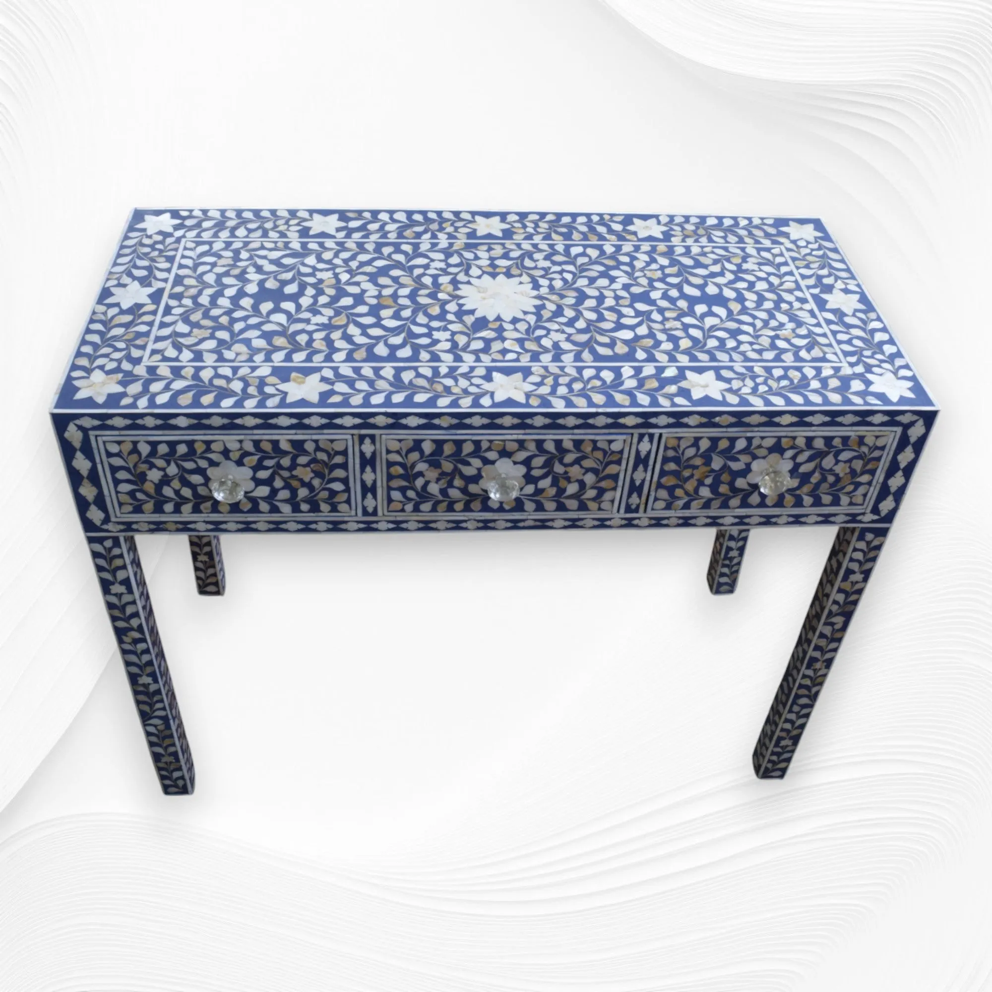 Blue Mother Of Pearl Inlay Floral 3 Drawer Console Table