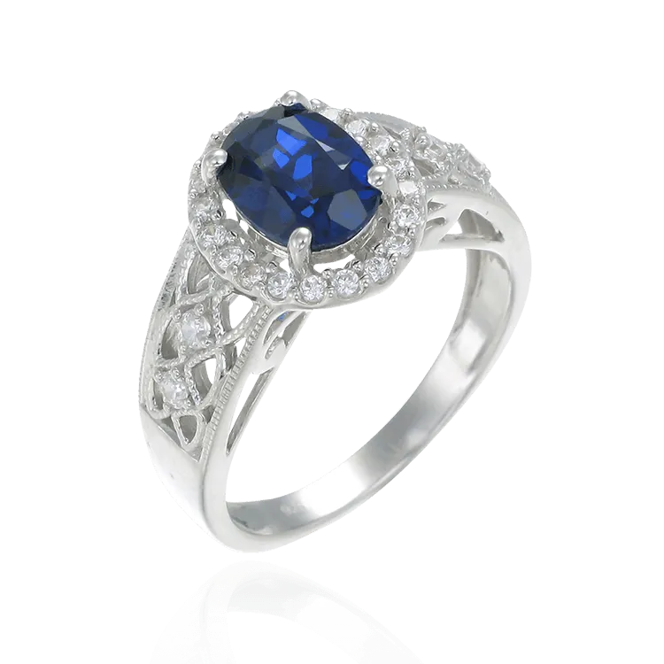 Blue Sapphire Ring with Sparkling Filigree Band