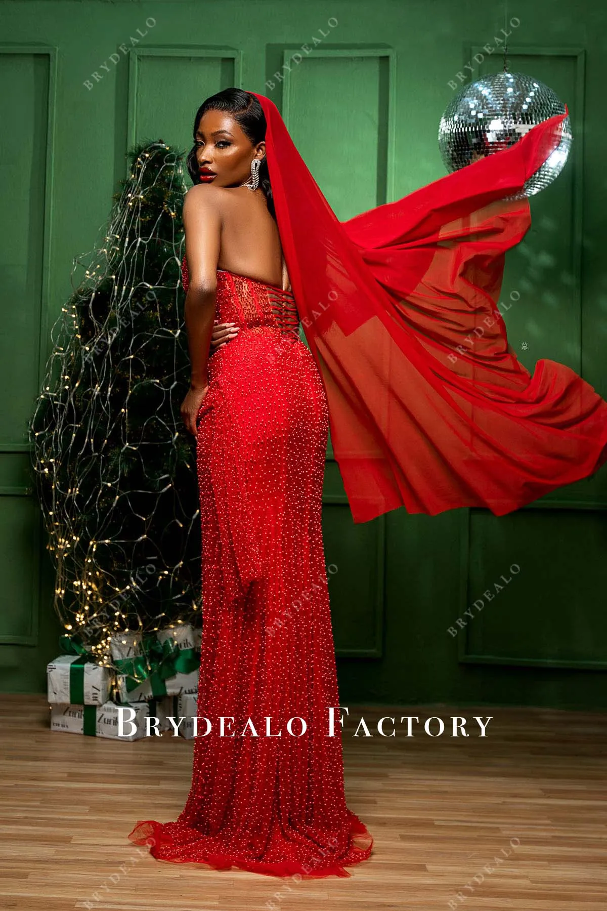 Bold Red Pearl Strapless Thigh Slit Xmas Holiday Dress