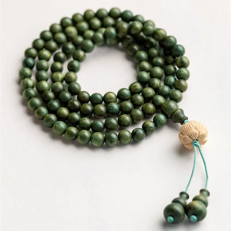 Buddha Stones 108 Mala Beads Green Sandalwood Boxwood Lotus Positive Bracelet