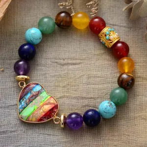 'Chakra Beads' & Jasper Heart Stretchy Bracelet