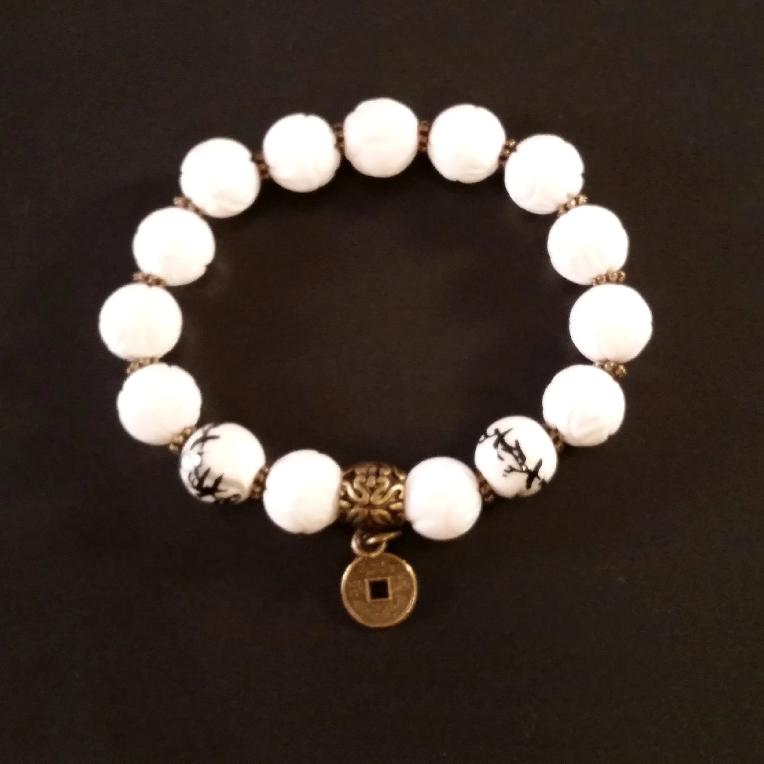 Chinoiserie Bracelet White Carved Lotus Shell Pearl Bronze Coin Stretch Accent Stack