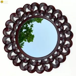 Craft Tree n' Decor Wooden Carved Mirror Decorative Round Wall Mirror Frame Wall Decor for Dressing Bedroom Living Room Hallway Antique Handcrafted Mirror (Coffee Bean)