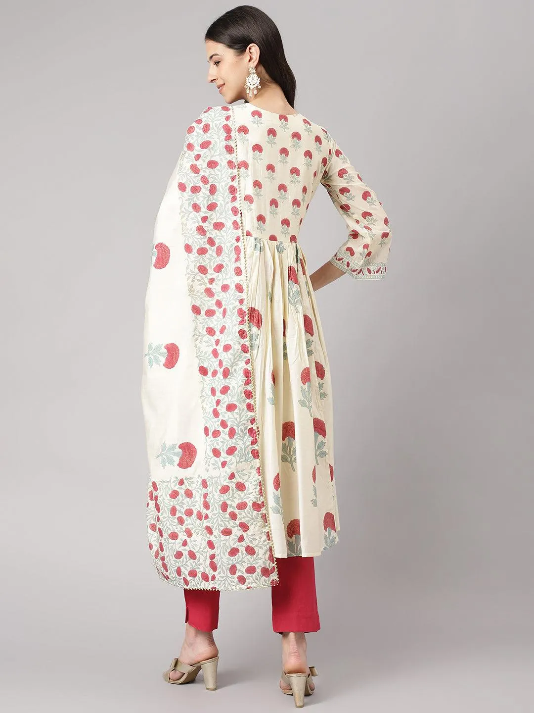 Cream Chanderi Floral Anarkali Kurta Pant Set With Dupatta