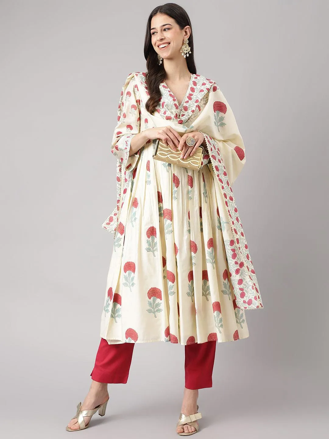 Cream Chanderi Floral Anarkali Kurta Pant Set With Dupatta