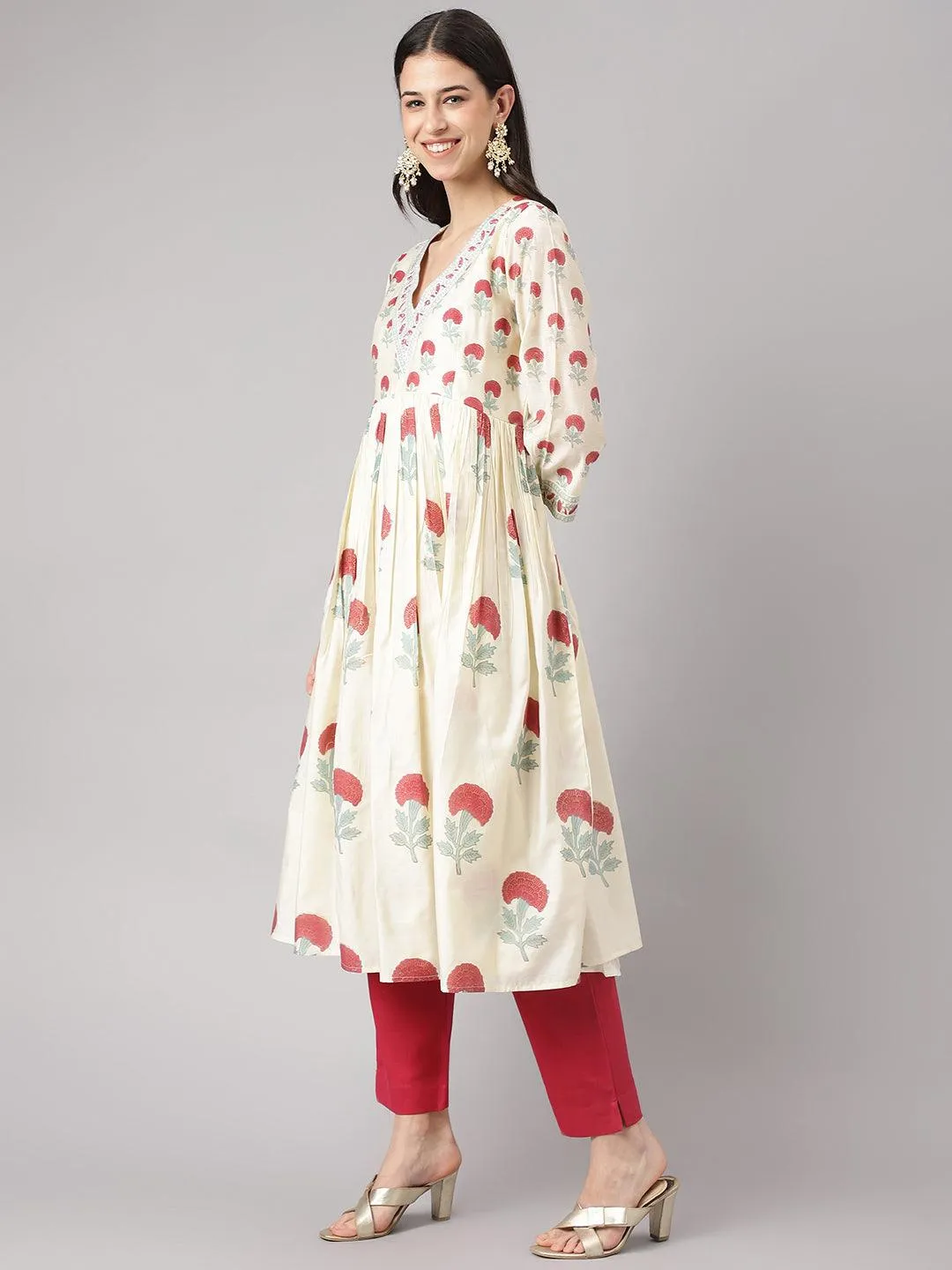 Cream Chanderi Floral Anarkali Kurta Pant Set With Dupatta