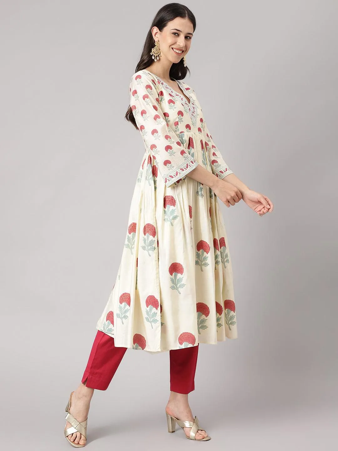 Cream Chanderi Floral Anarkali Kurta Pant Set With Dupatta