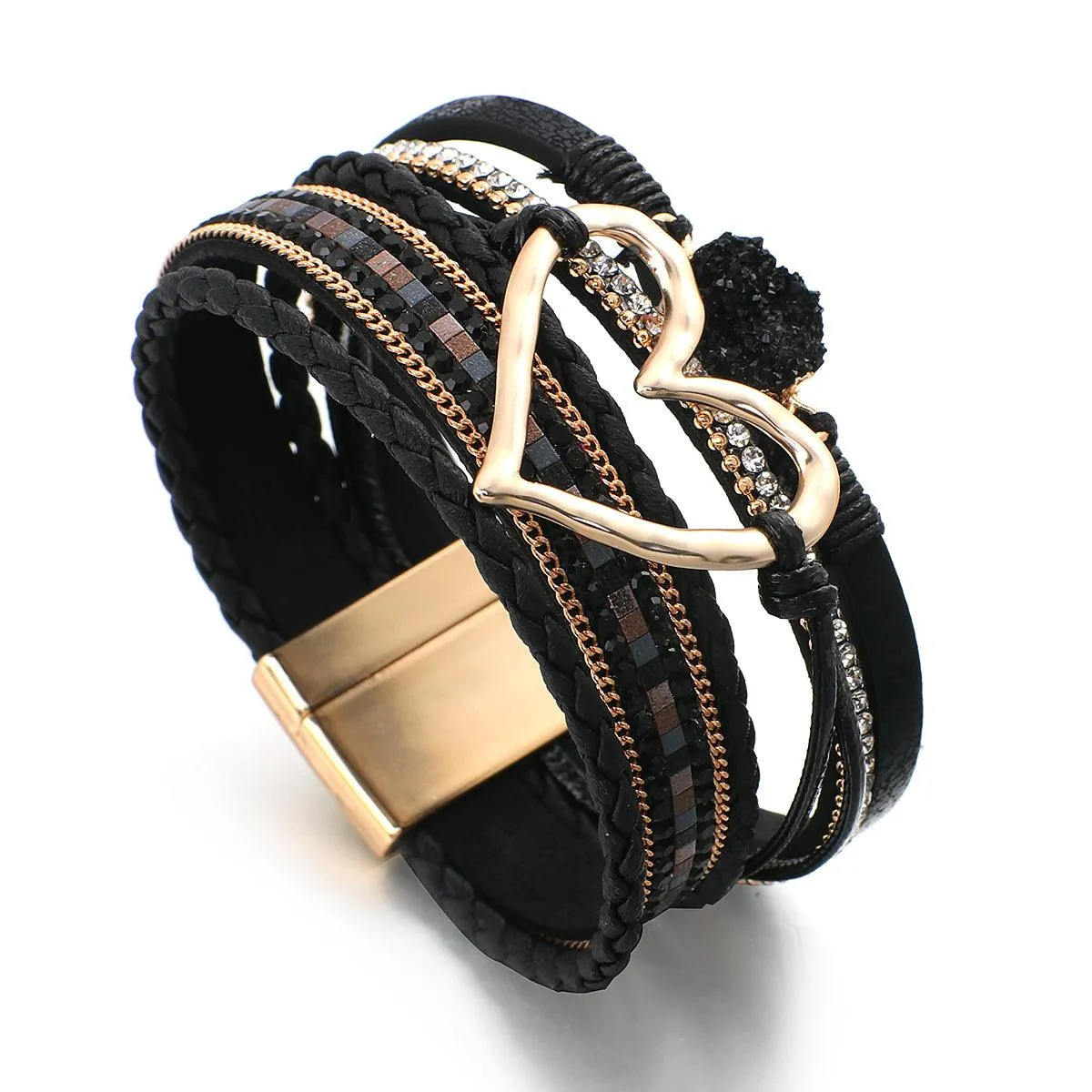 'Dalgu' Heart Charm Cuff Bracelet - black