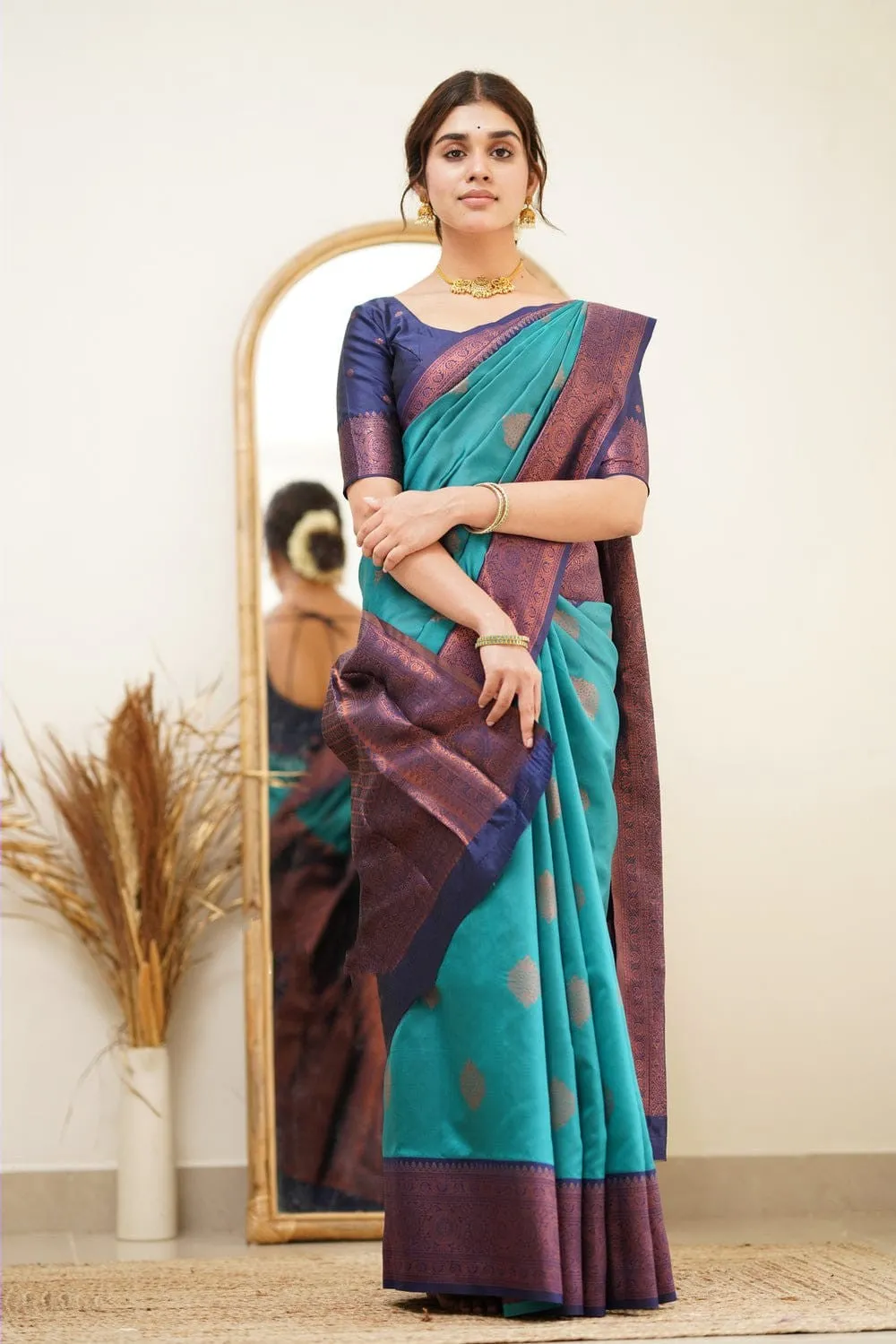 Eloquence Firozi Soft Silk Saree with Scintilla Blouse Piece