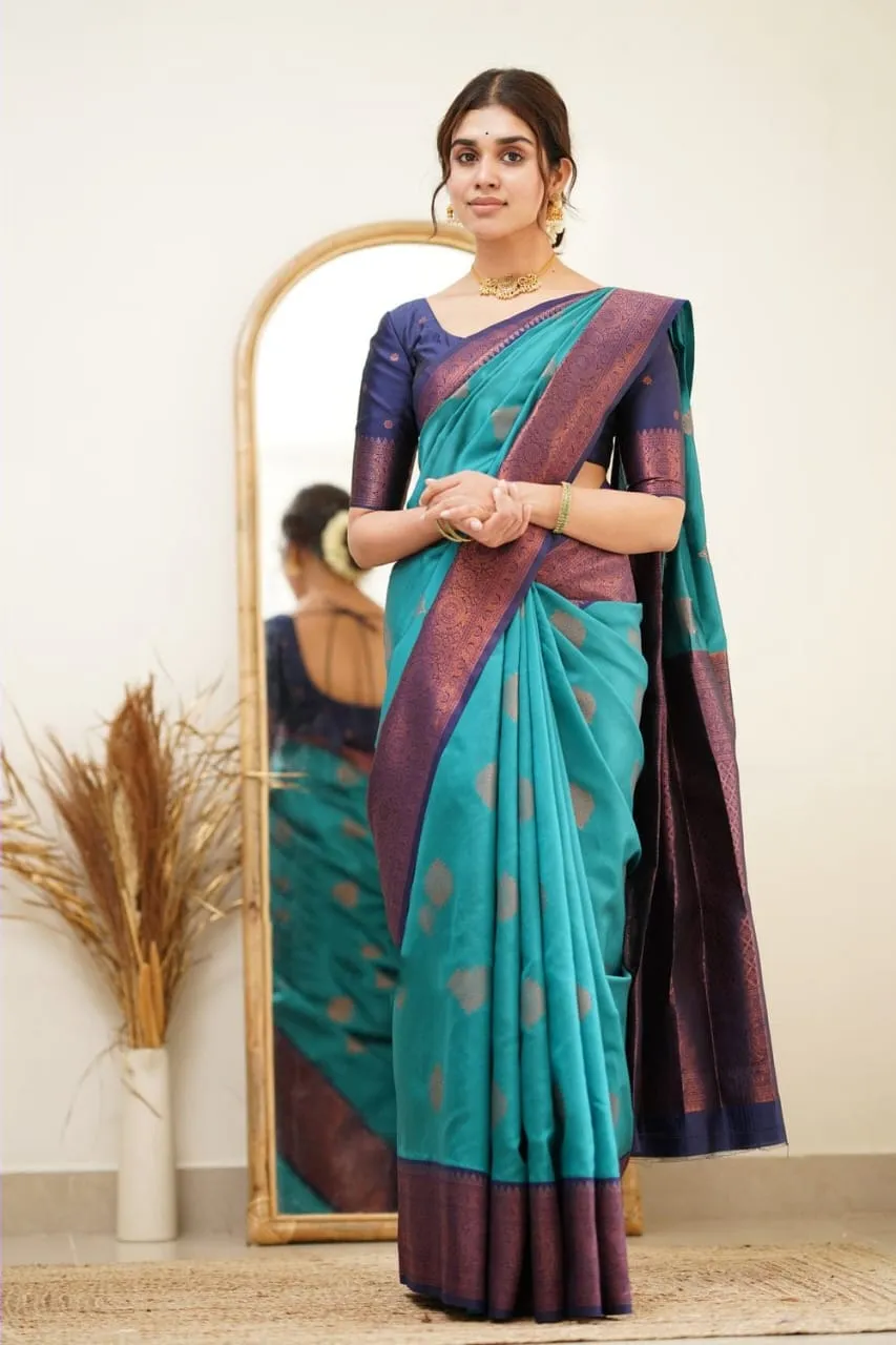 Eloquence Firozi Soft Silk Saree with Scintilla Blouse Piece