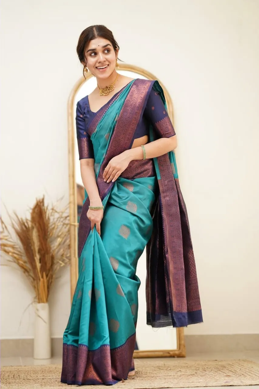 Eloquence Firozi Soft Silk Saree with Scintilla Blouse Piece