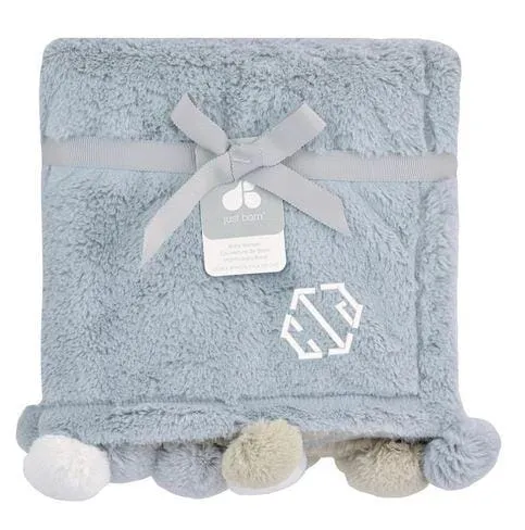 Embroidered Cuddle Plush Pom Pom Blanket in Grey