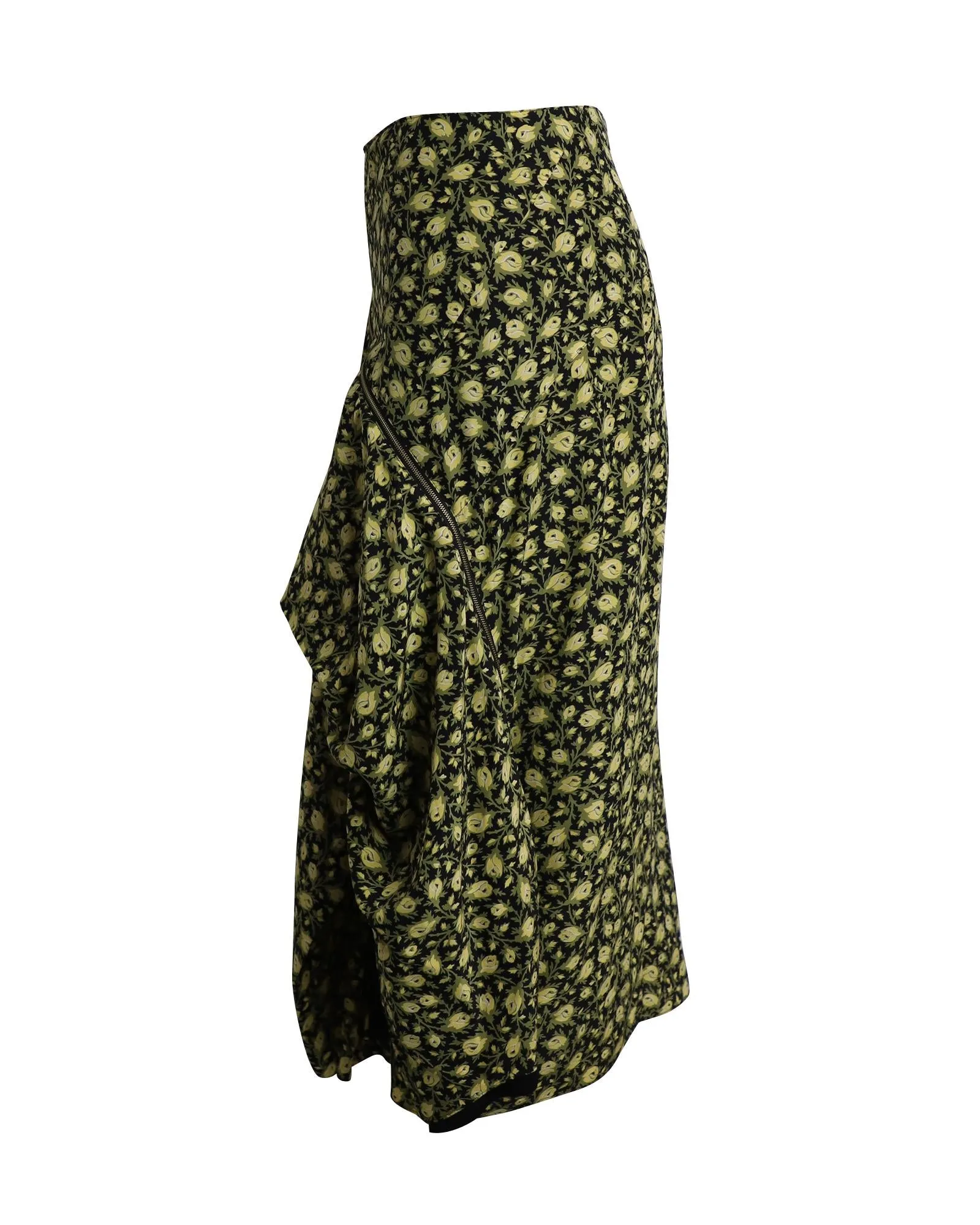 Floral Draped Midi Skirt with Zip Detail in Silk