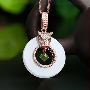 Genuine Green and White Nephrite Jade Leopard Necklace with CZ(Rose Gold Plated or Silver)