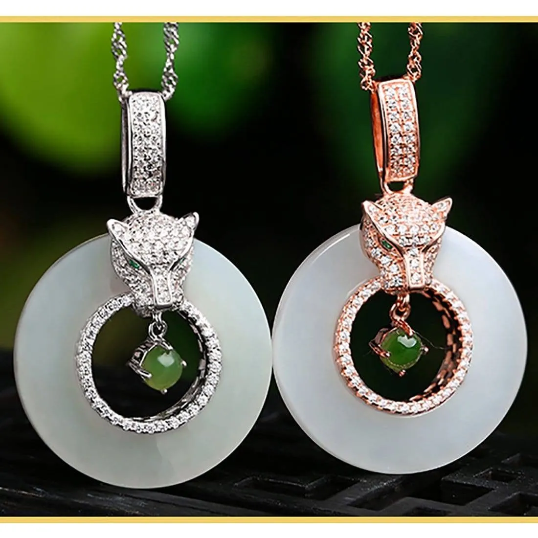 Genuine Green and White Nephrite Jade Leopard Necklace with CZ(Rose Gold Plated or Silver)