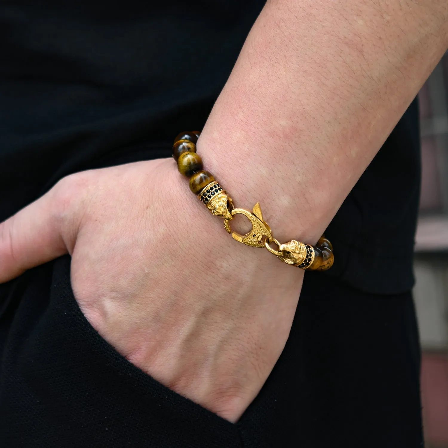 Genuine Tiger Eye Stainless Steel Beaded Bracelet with Black Cubic Zirconia