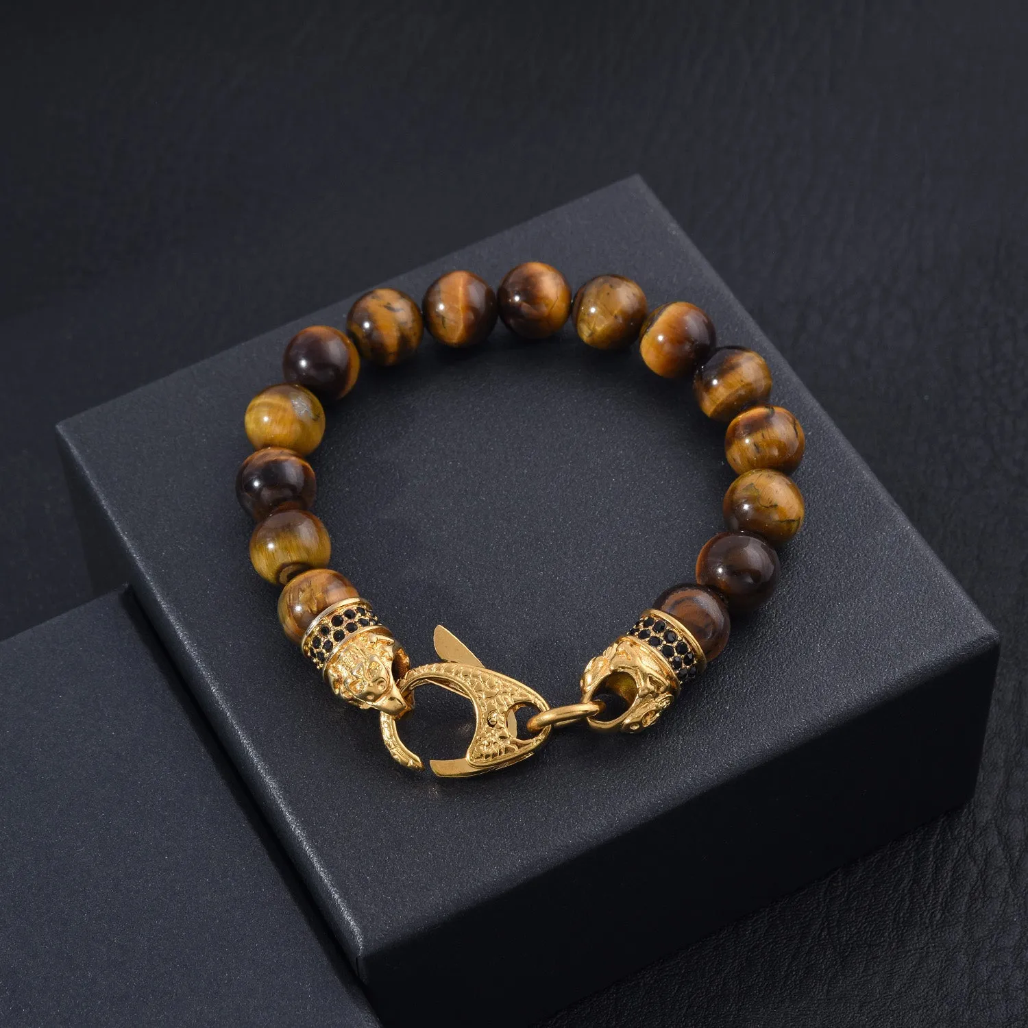 Genuine Tiger Eye Stainless Steel Beaded Bracelet with Black Cubic Zirconia