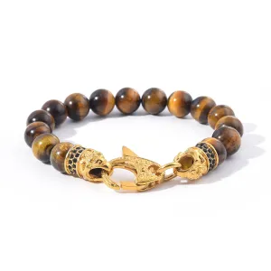 Genuine Tiger Eye Stainless Steel Beaded Bracelet with Black Cubic Zirconia