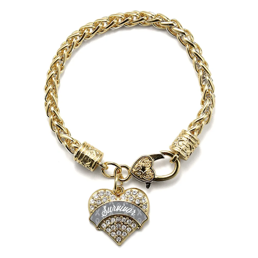 Gold Gray Survivor Pave Heart Charm Braided Bracelet