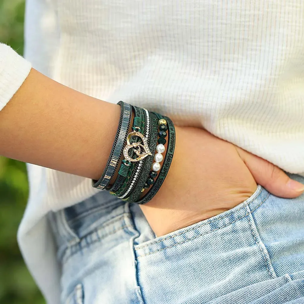 'Inspired Heart' Rhinestones and Beads Bracelet - green