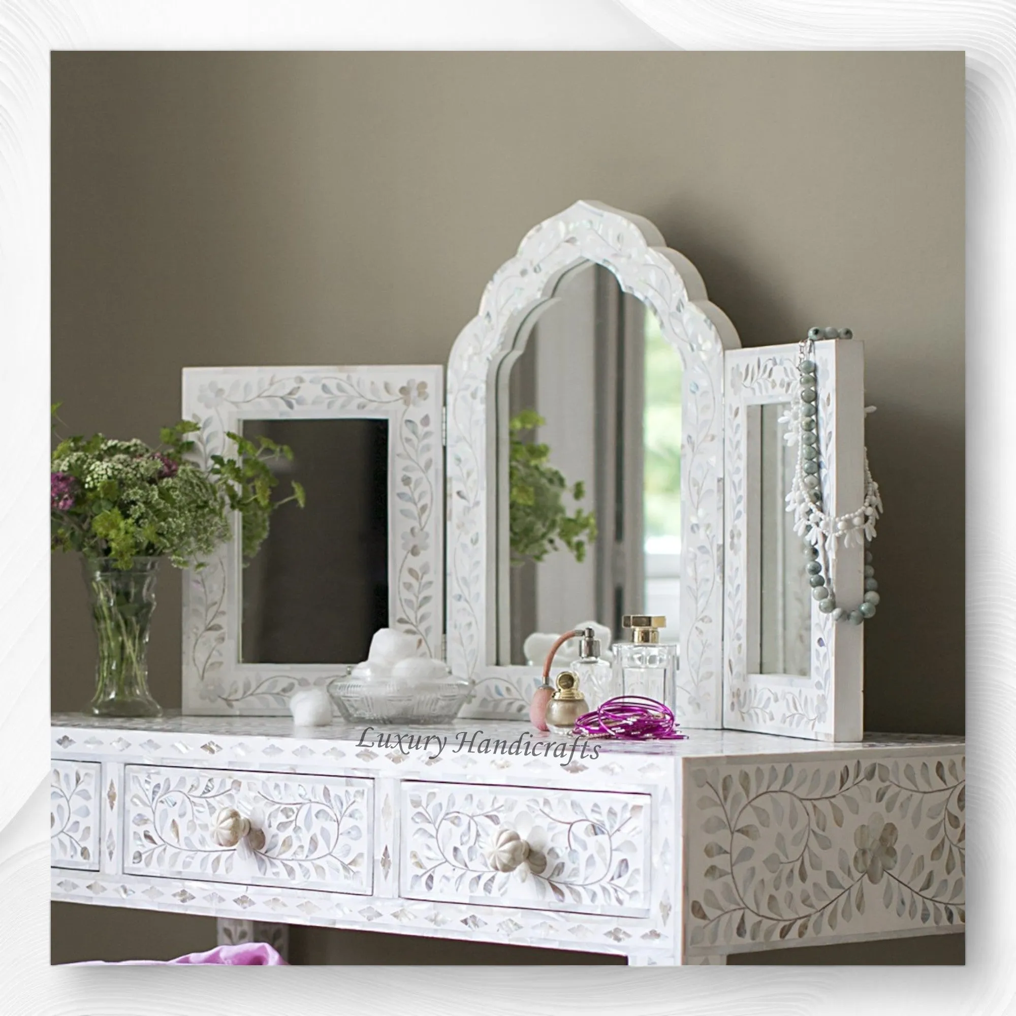 Isabelle MOP Inlay Floral Triple Mirror White