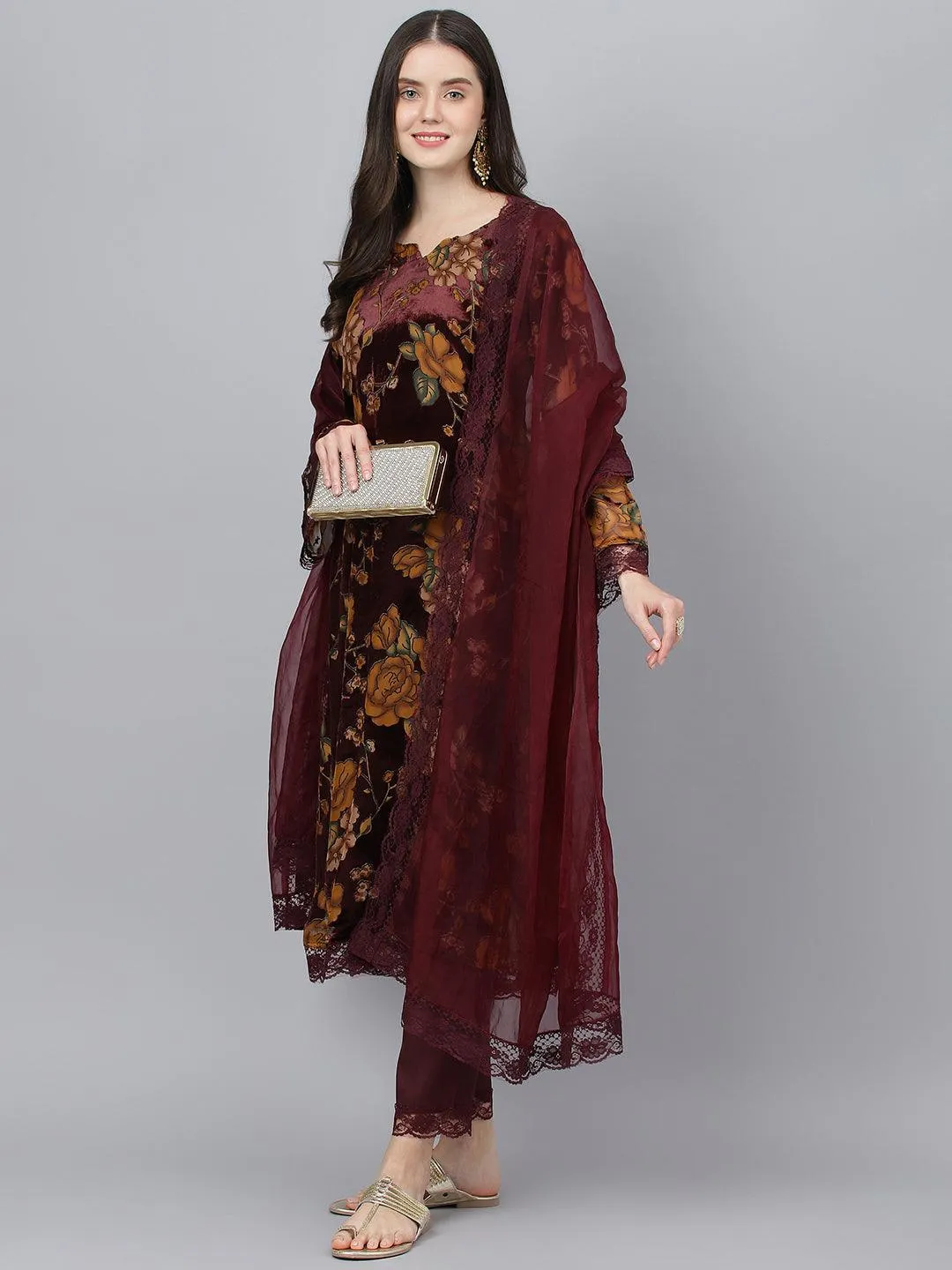 Jashvi Wine Floral Burn Out Velvet Kurta pant With Organza Dupatta set