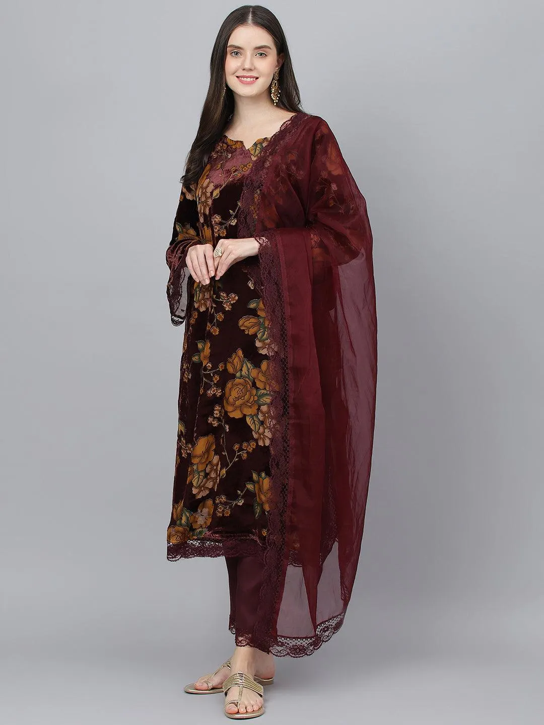 Jashvi Wine Floral Burn Out Velvet Kurta pant With Organza Dupatta set