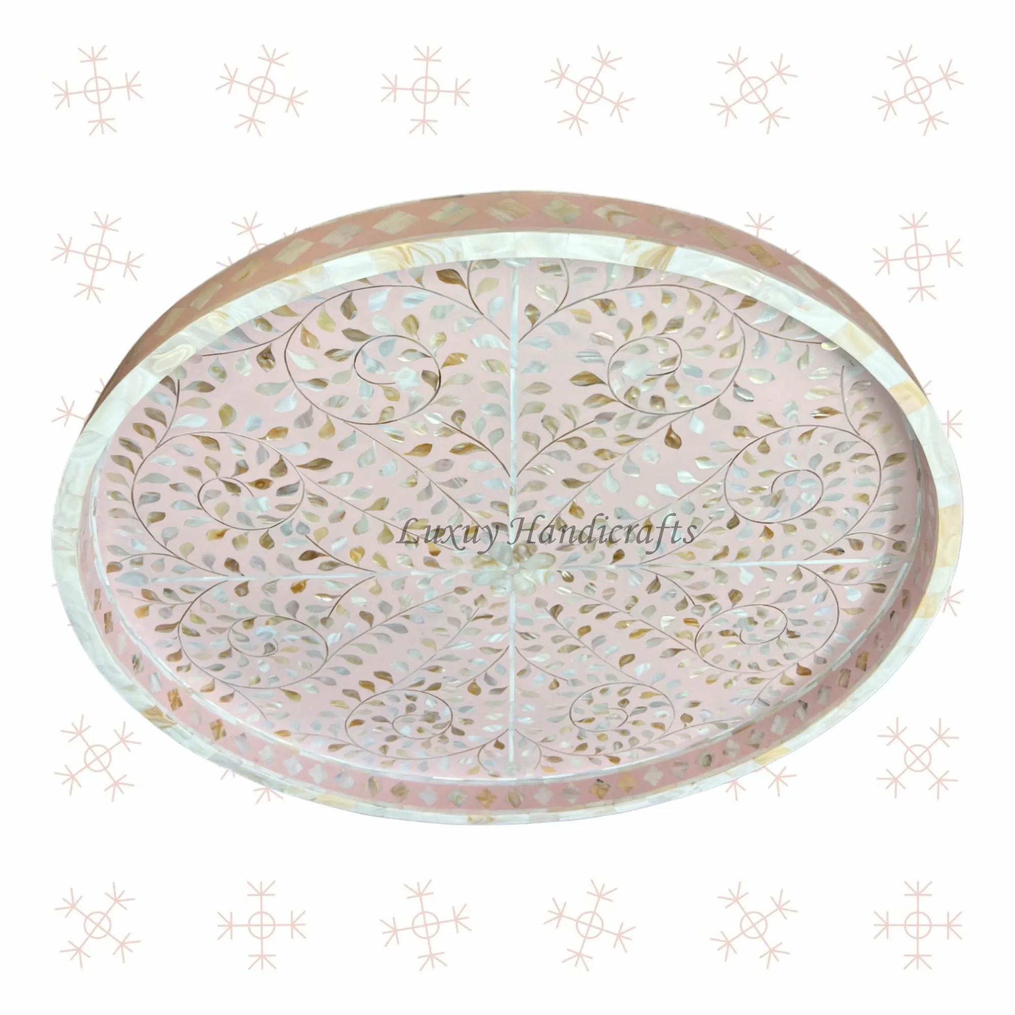 Large Round MOP Inlaid Tray Floral Light Pink