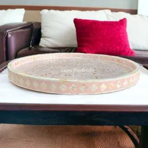 Large Round MOP Inlaid Tray Floral Light Pink