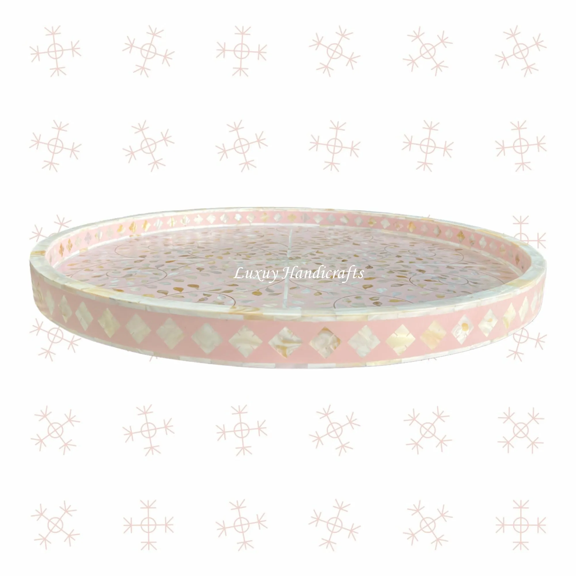 Large Round MOP Inlaid Tray Floral Light Pink