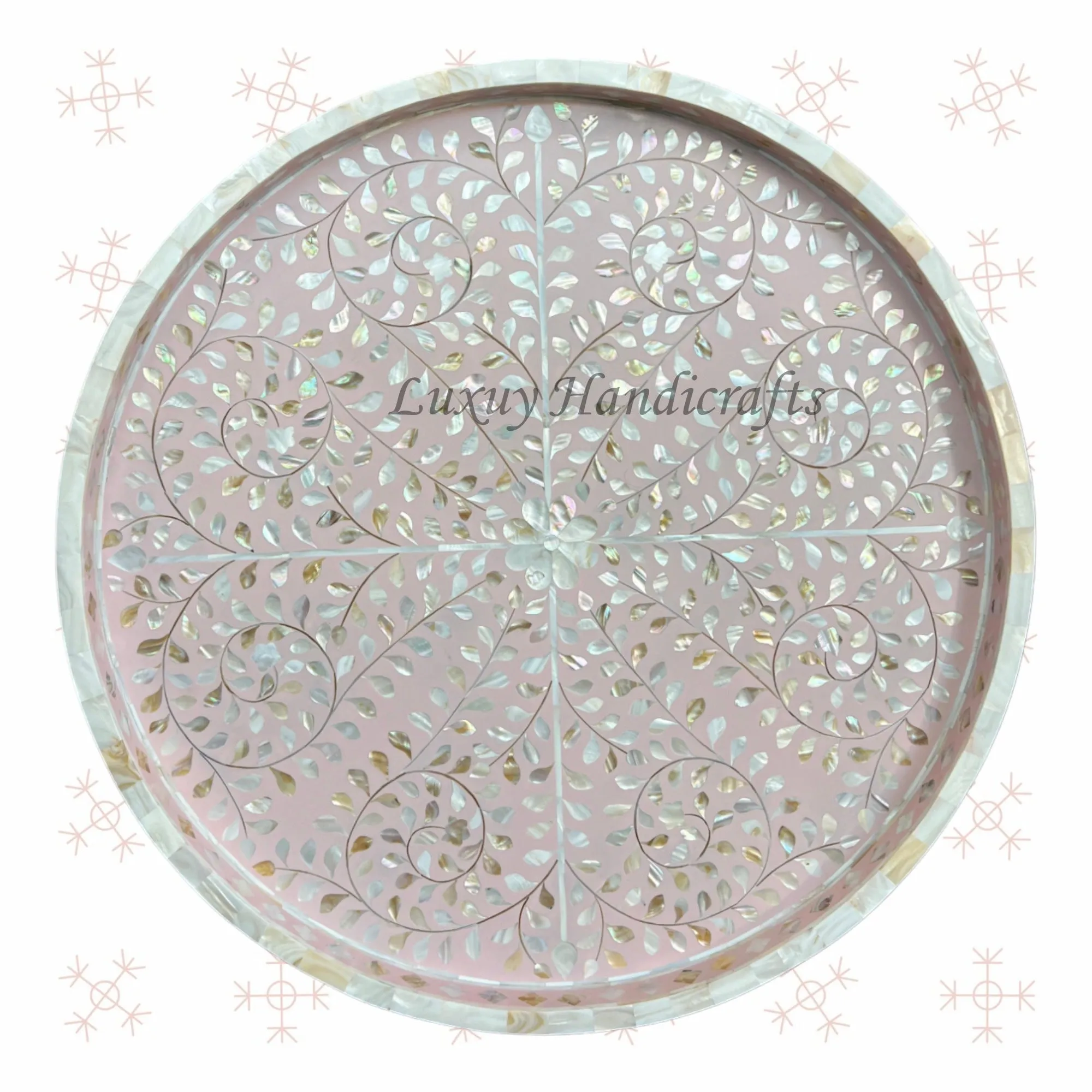 Large Round MOP Inlaid Tray Floral Light Pink