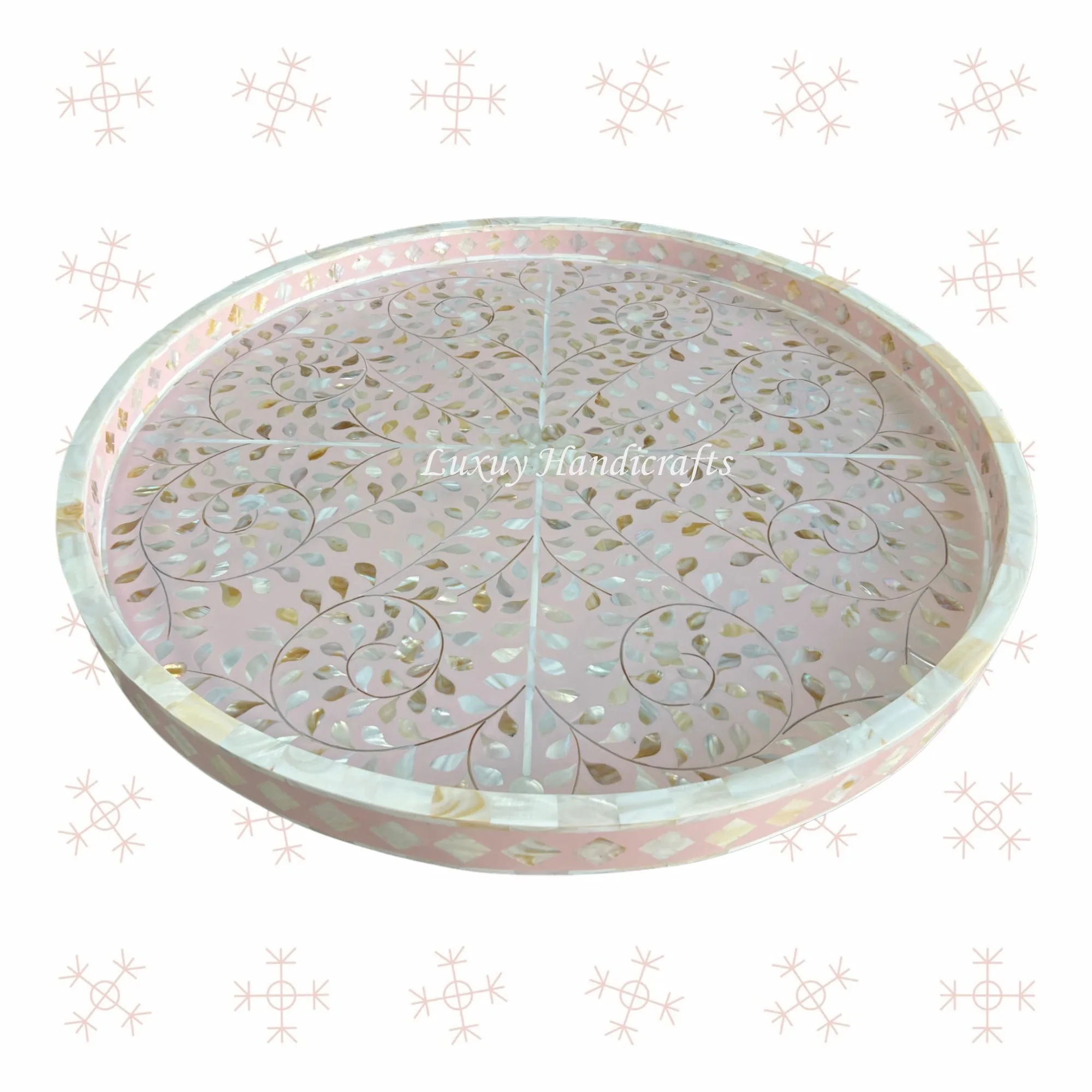 Large Round MOP Inlaid Tray Floral Light Pink