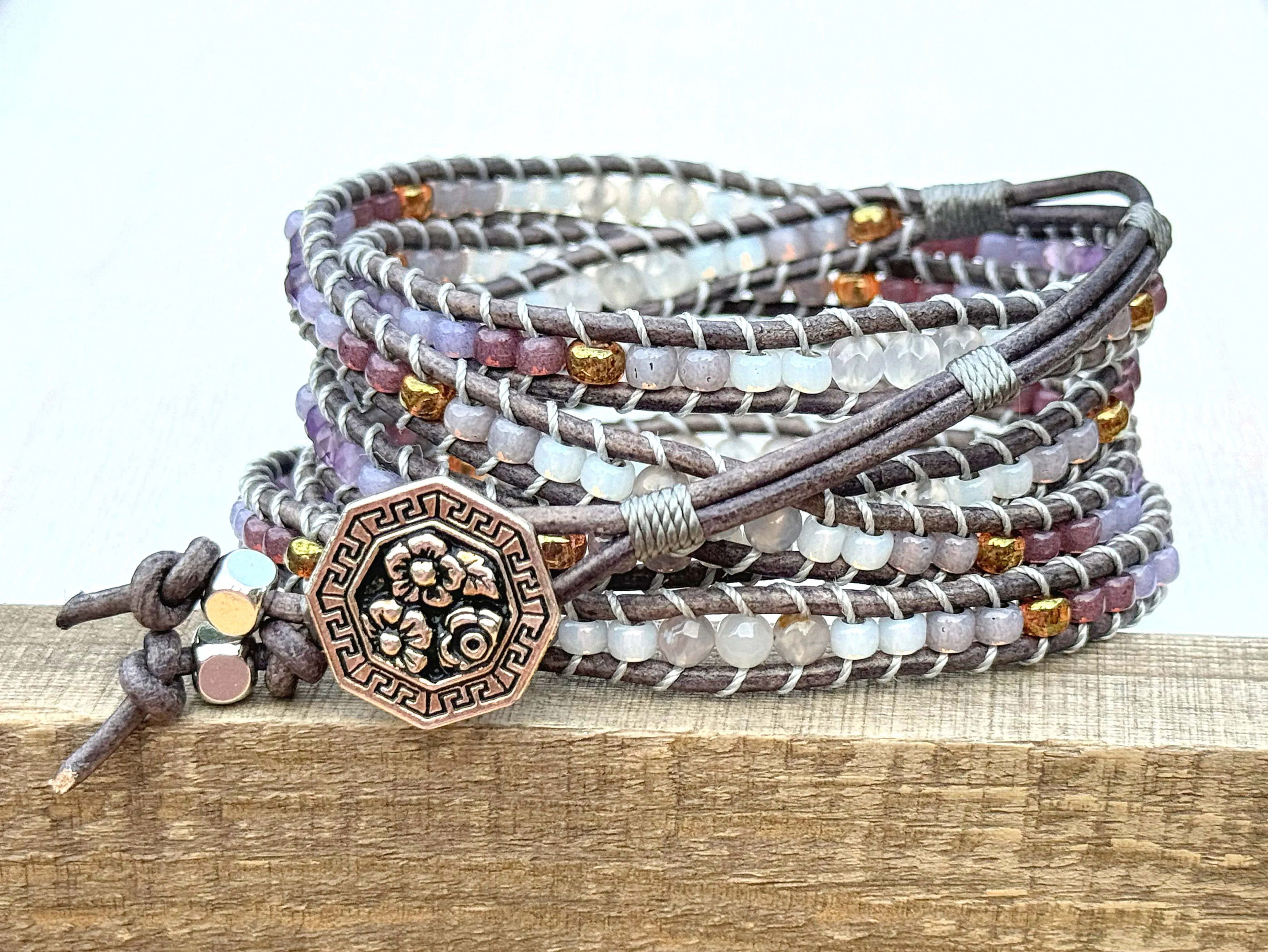 Leather Beaded 5x wrap bracelet with Amathyst and Gray Agate