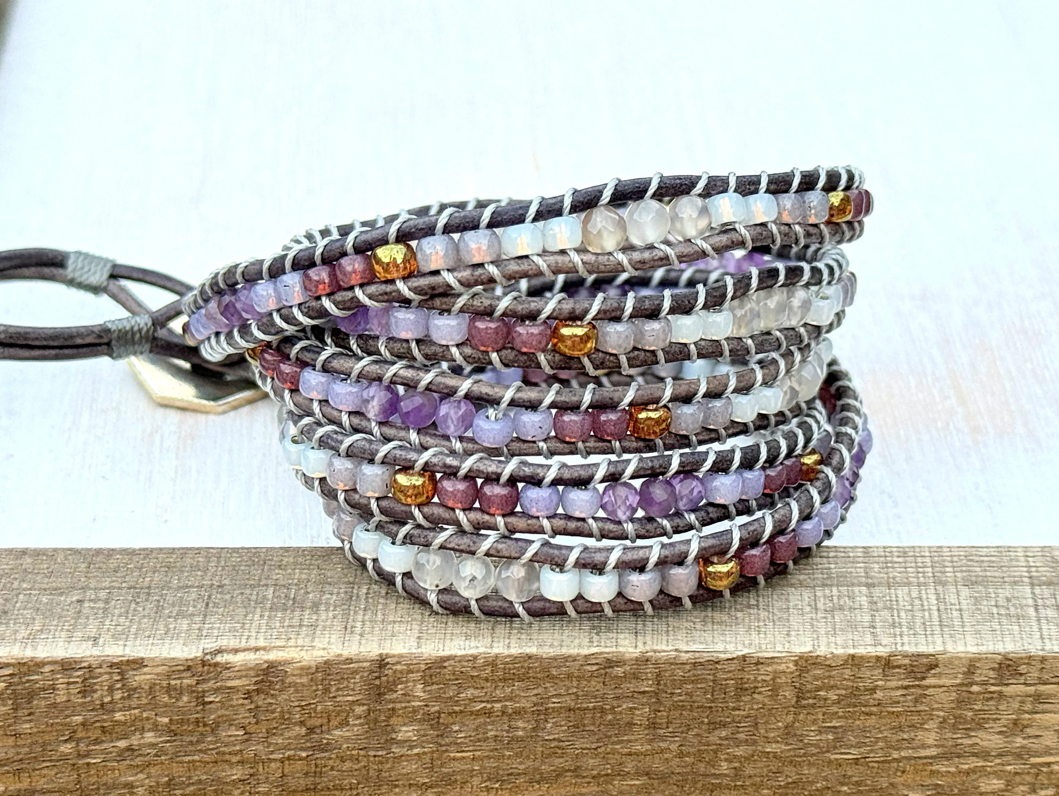 Leather Beaded 5x wrap bracelet with Amathyst and Gray Agate