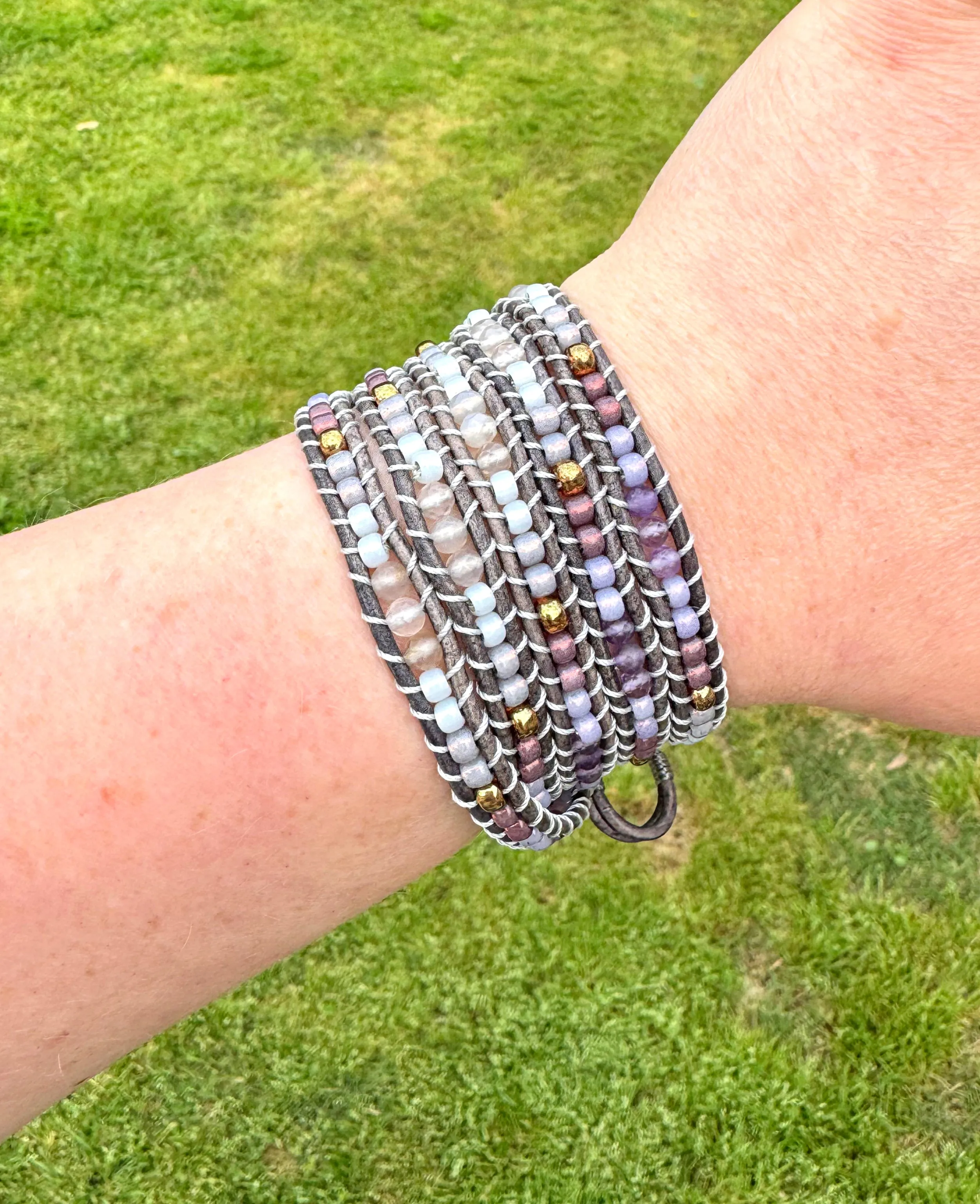 Leather Beaded 5x wrap bracelet with Amathyst and Gray Agate