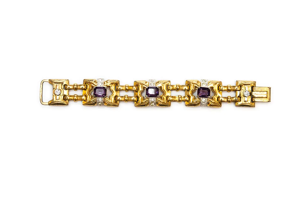 McCLELLAND BARCLAY 1930s Gold Plated with Purrple and Clear Rhinestones Bracelet